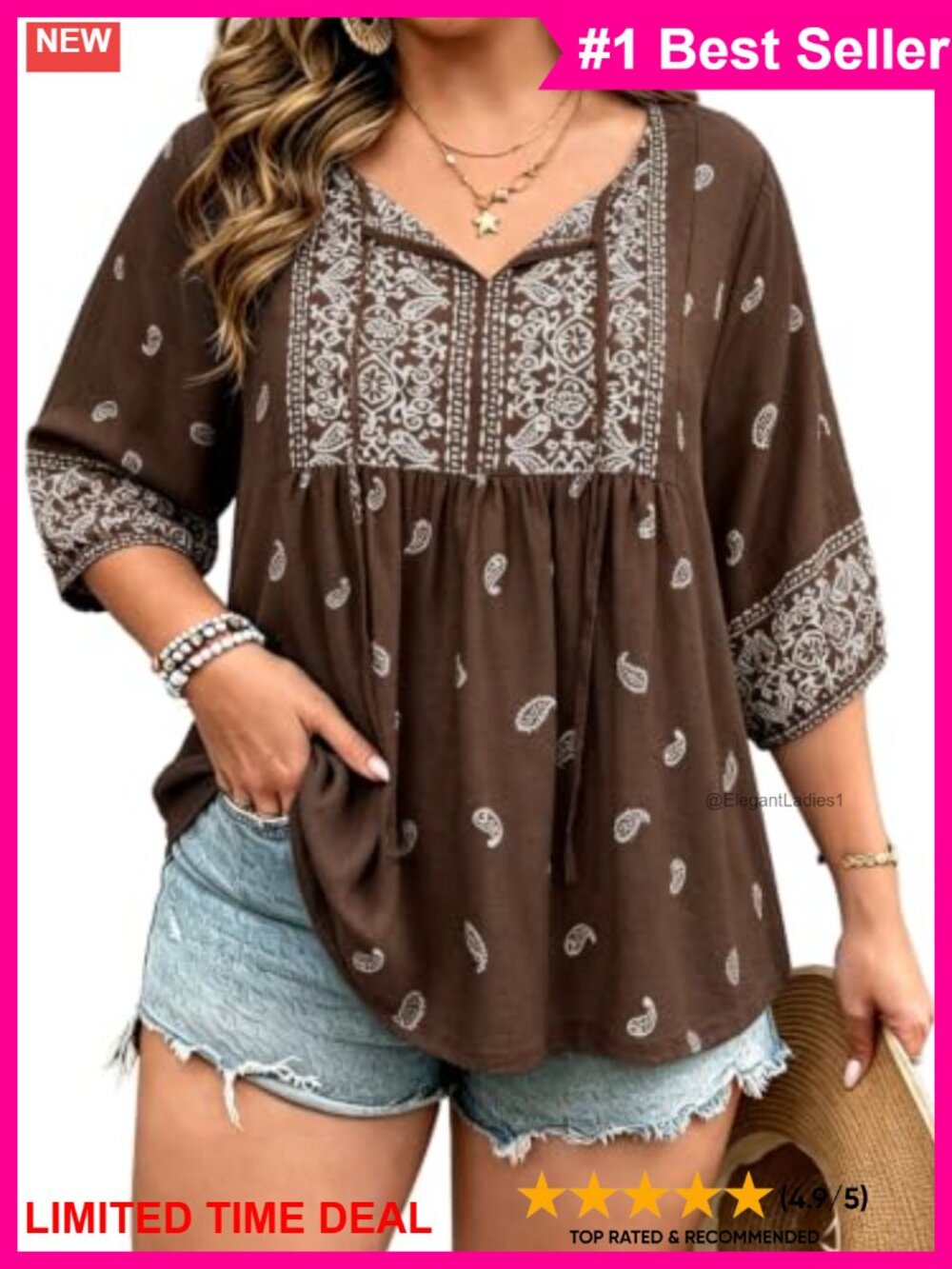 Plus Size Boho Blouse 3/4 Puff Sleeve Square Neck Tie-Front Top